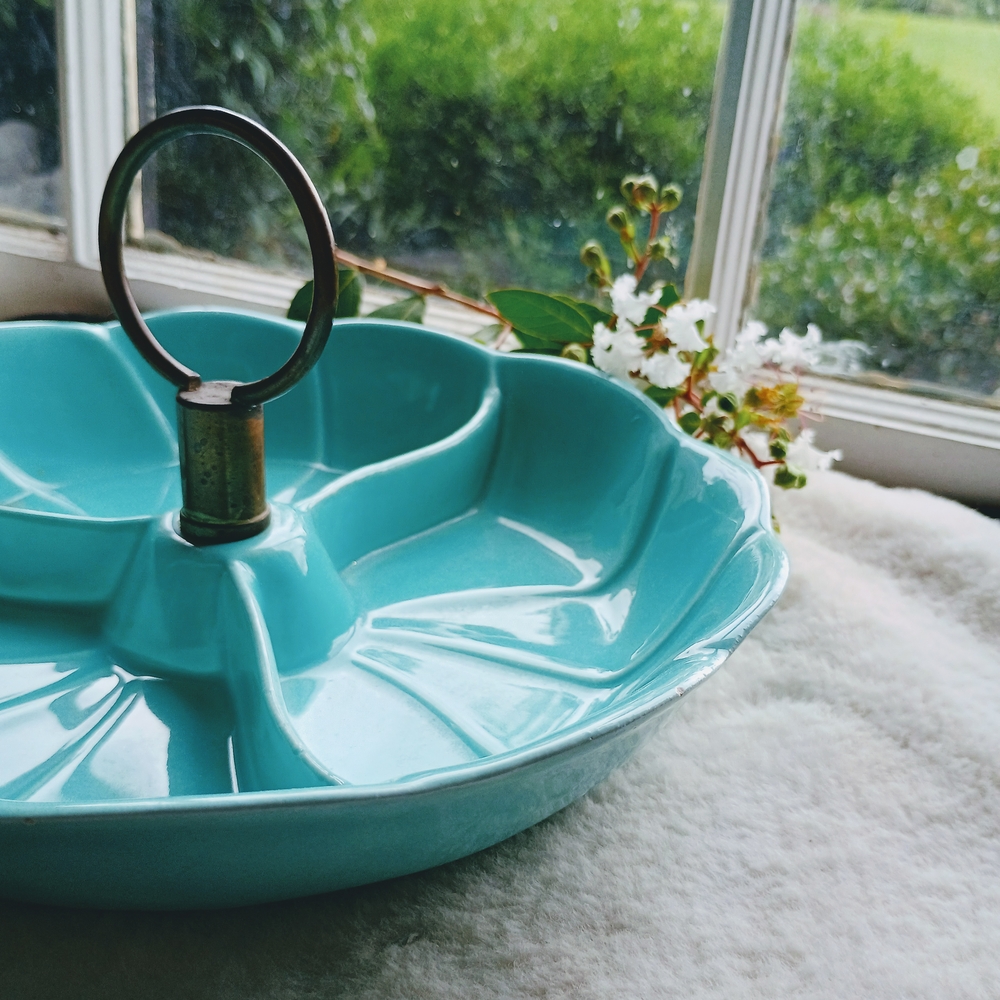 Vintage, Mid-Century, California Pottery aqua 3 section candy Dish, Serving Dish - Picture 4 of 10